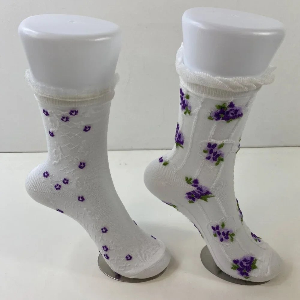 Womens Floral Knit Crew Socks 2 Pack Ruffle Cuff White Purple